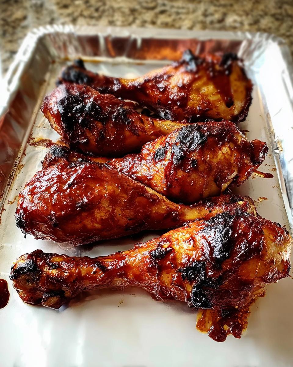 Four perfectly baked Honey BBQ Baked Chicken Legs glistening with a thick, caramelized sauce on a foil-lined pan.