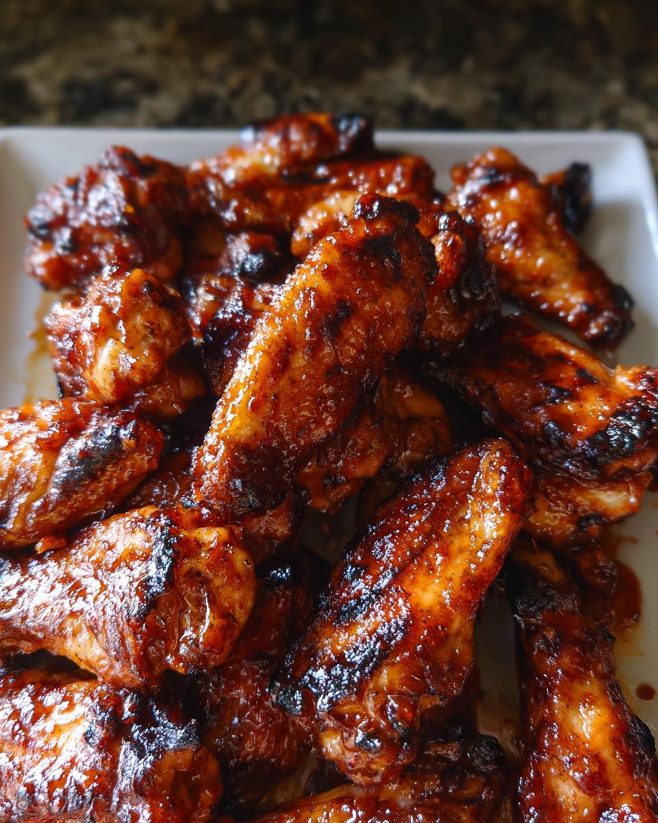 Close-up of a pile of glistening, charred Honey BBQ Grilled Chicken Wings on a white platter.