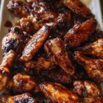 A platter piled high with glistening, sticky Honey BBQ Grilled Chicken Wings, showing char marks.