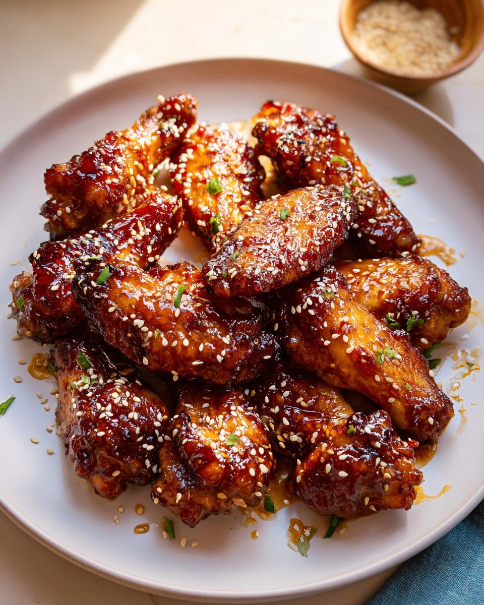 A plate piled high with glossy Honey Garlic Sticky Chicken Wings, sprinkled generously with sesame seeds and green onions.