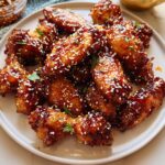 A plate piled high with Honey Garlic Sticky Chicken Wings, coated in a dark glaze and sprinkled with white sesame seeds.