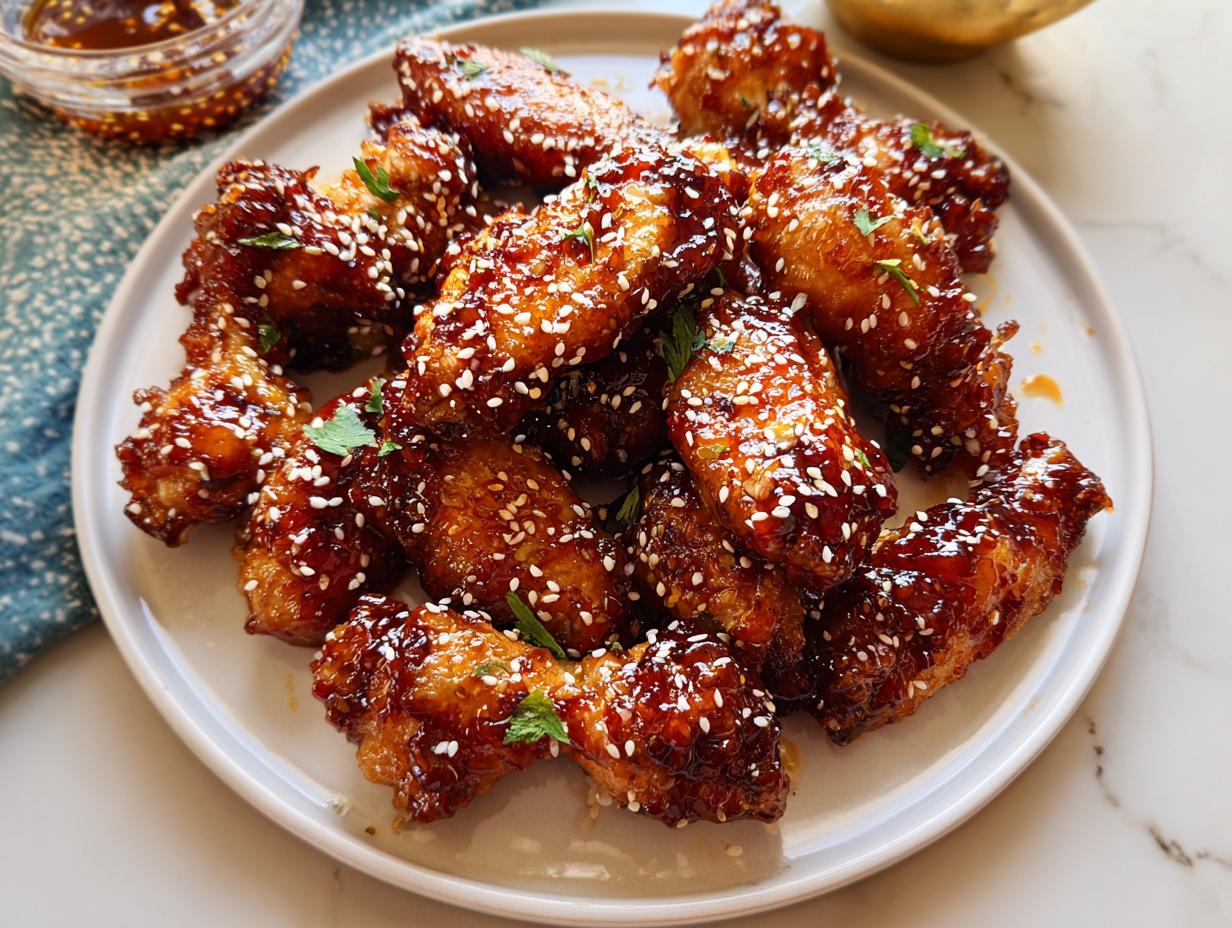 A plate piled high with Honey Garlic Sticky Chicken Wings, coated in a dark glaze and sprinkled with white sesame seeds.