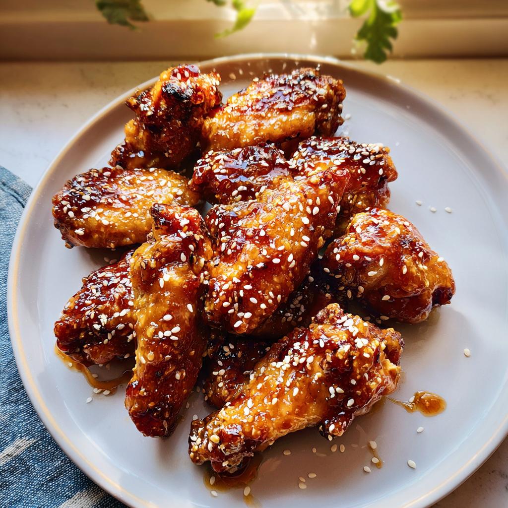 A plate piled high with Honey Garlic Sticky Chicken Wings, coated in a thick glaze and sprinkled generously with white sesame seeds.