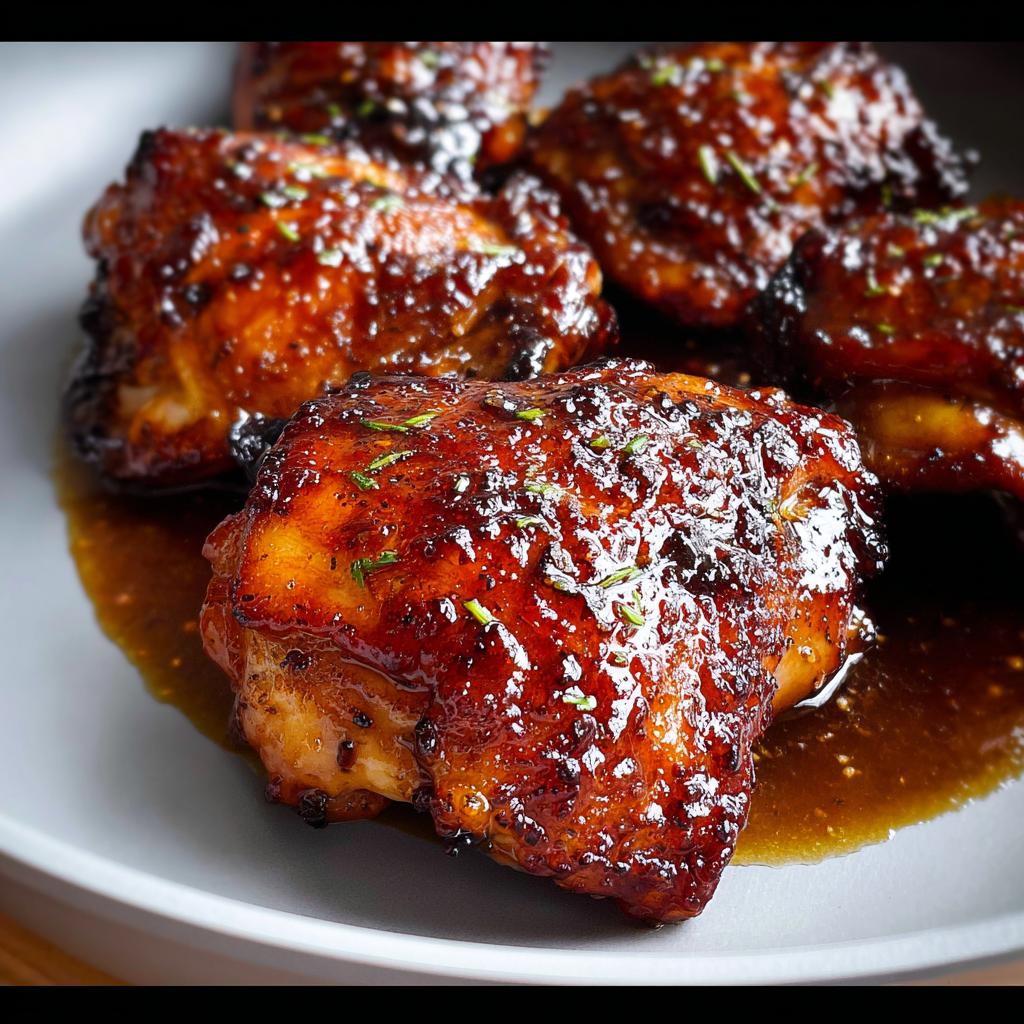 Close-up of juicy, perfectly cooked Honey Soy Glazed Chicken Thighs covered in a thick, shiny sauce and sprinkled with herbs.