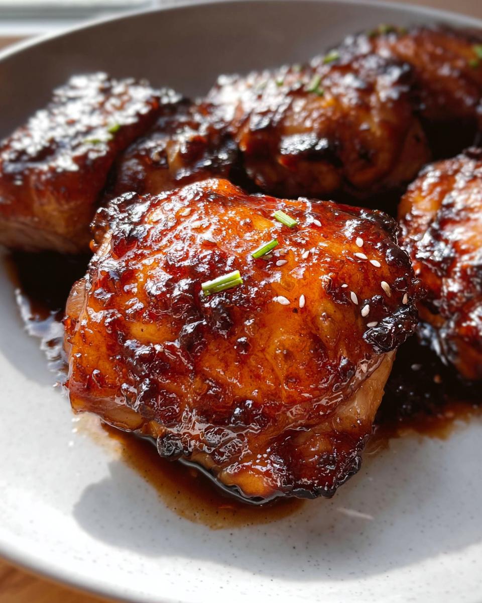 Close-up of several glistening Honey Soy Glazed Chicken Thighs topped with sesame seeds and chives.