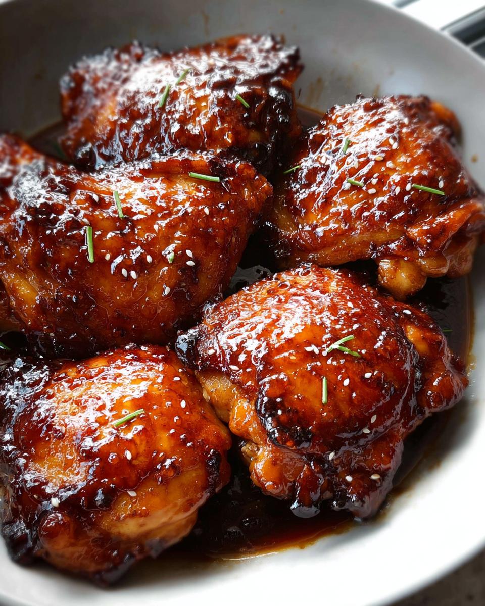 Close-up of several moist Honey Soy Glazed Chicken Thighs covered in a dark, shiny sauce and sprinkled with sesame seeds.