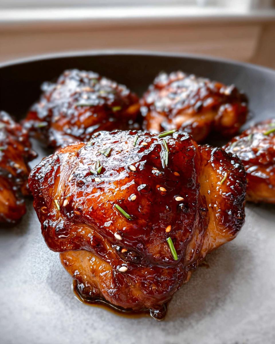 Close-up of a succulent Honey Soy Glazed Chicken Thighs piece covered in a thick, shiny glaze and sprinkled with sesame seeds and herbs.