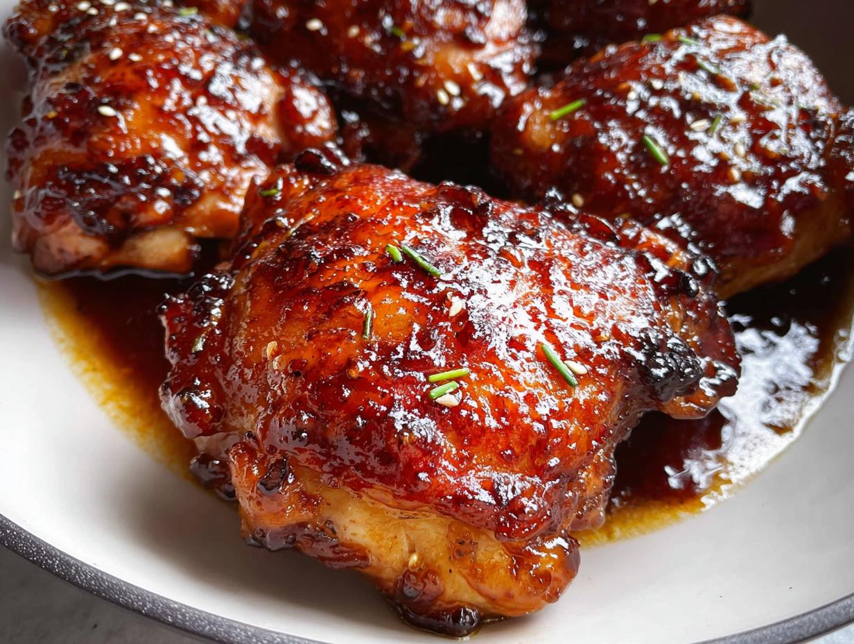 Close-up of several juicy Honey Soy Glazed Chicken Thighs covered in a thick, glossy sauce and sprinkled with sesame seeds.
