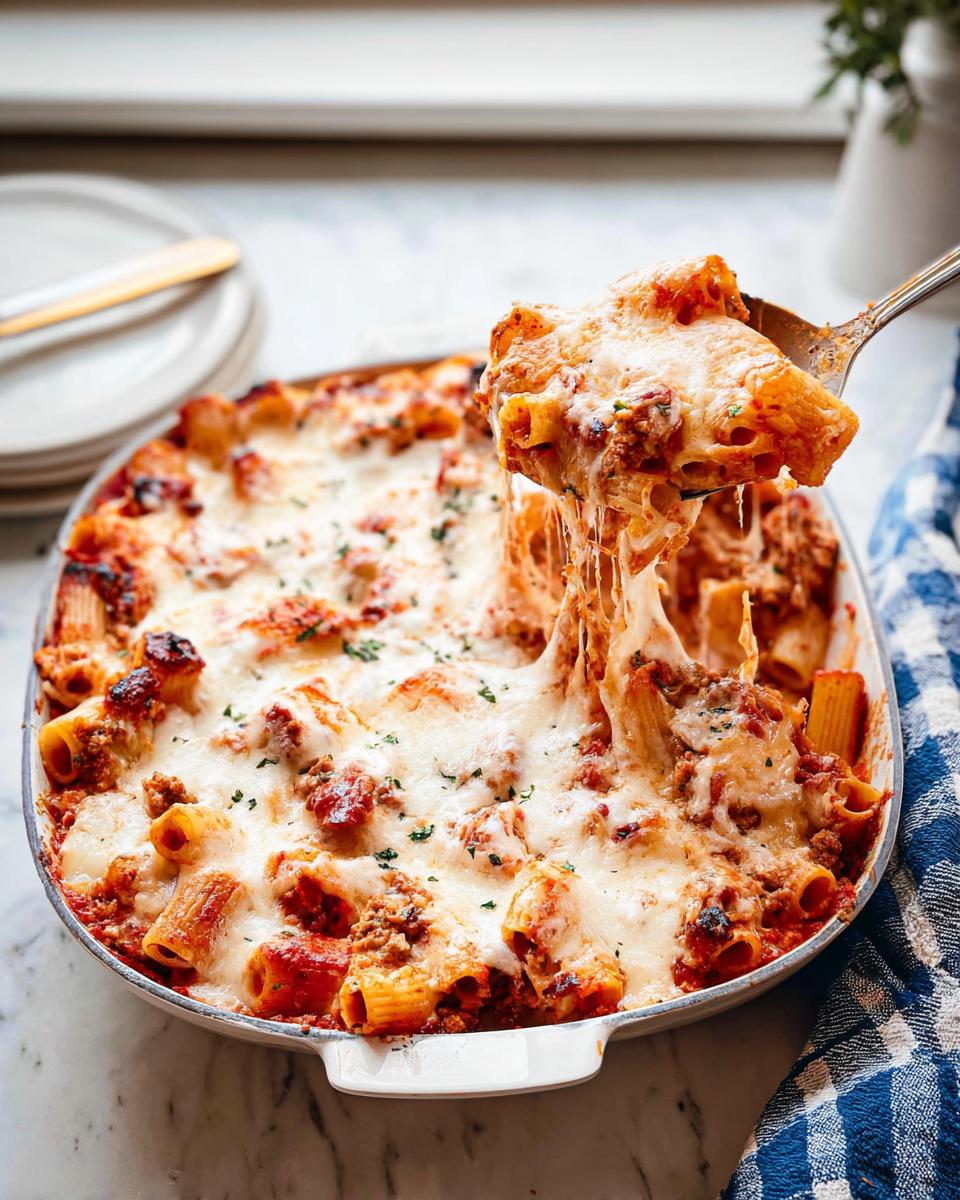 A spoonful of Italian Sausage Rigatoni Bake showing extreme cheese pull over the baked pasta dish.