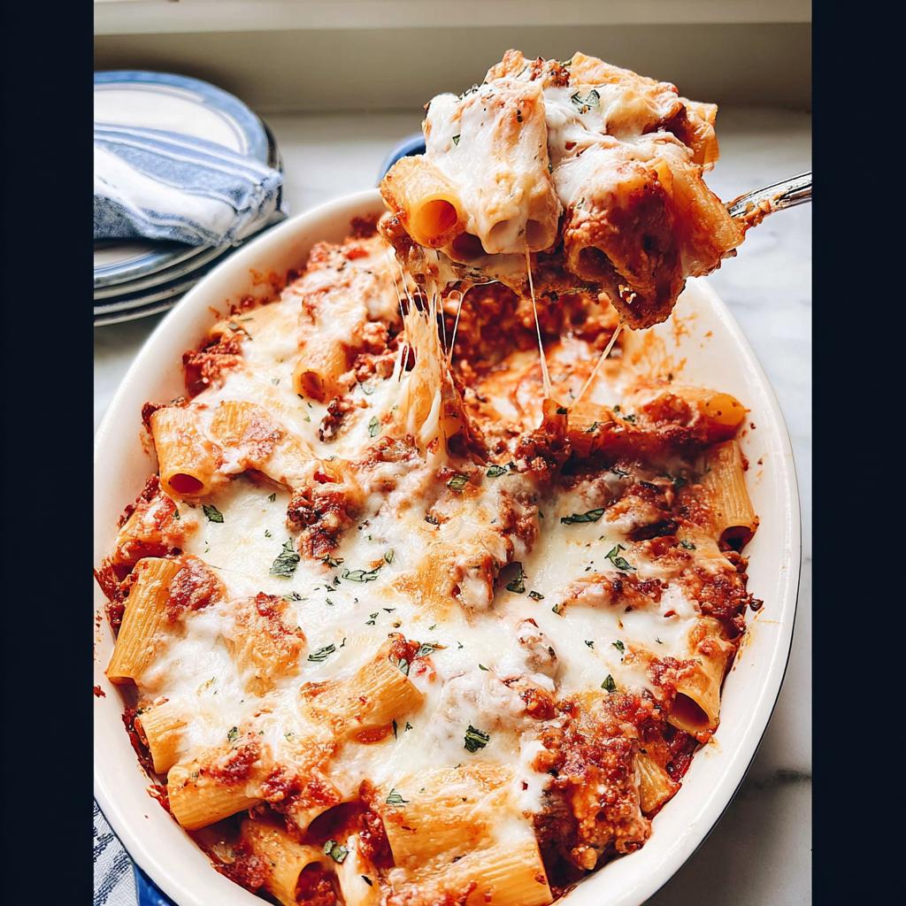 A serving spoon lifts a cheesy portion from a baked dish of Italian Sausage Rigatoni Bake, showing long cheese pulls.