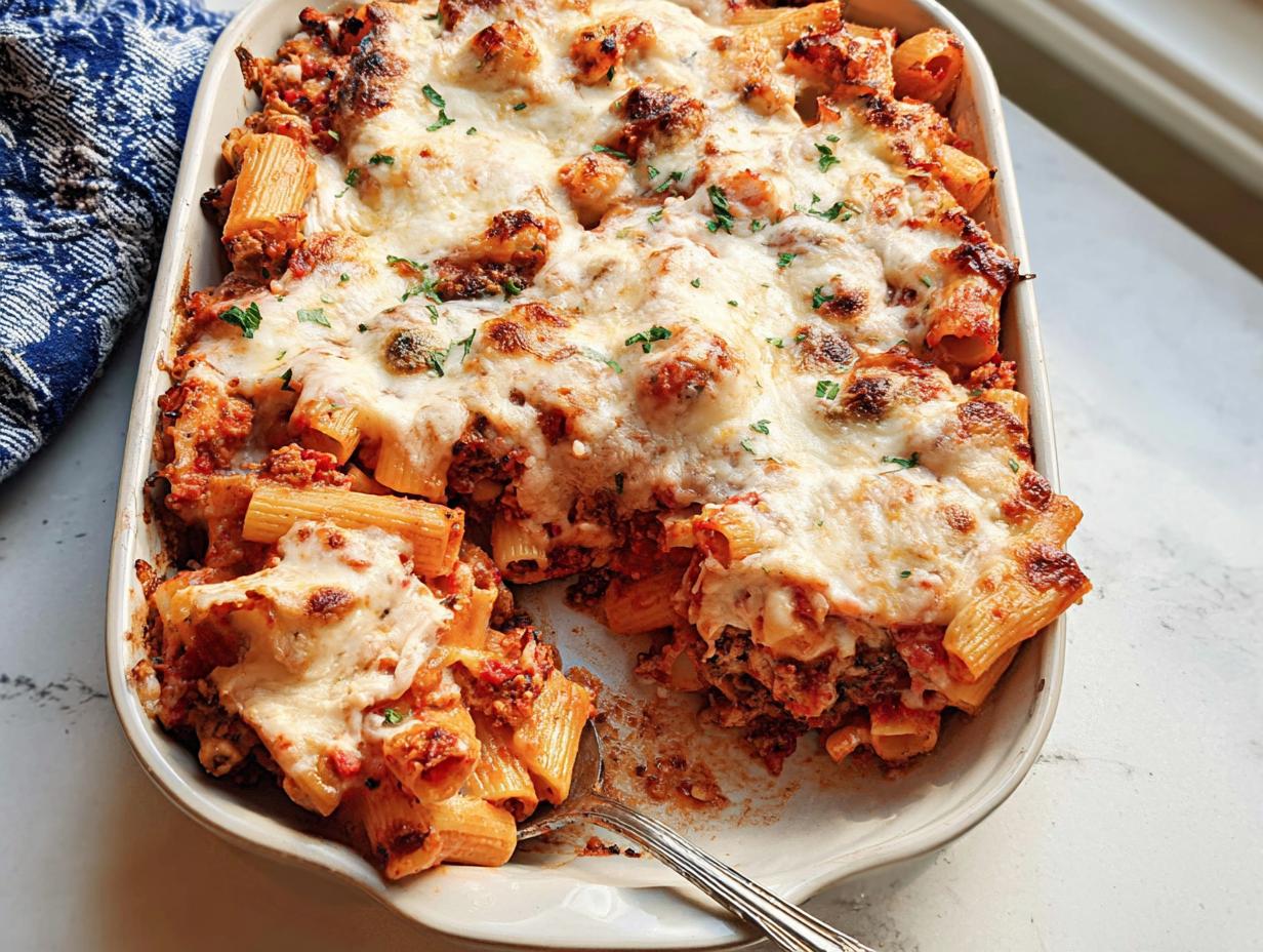 A close-up of a baked Italian Sausage Rigatoni Bake topped with melted, browned cheese and parsley.