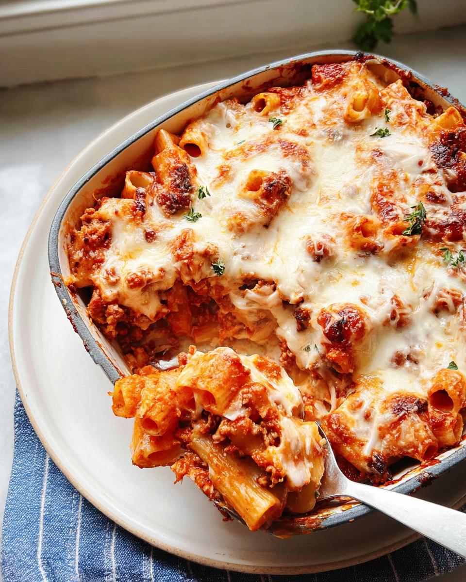 A spoonful of cheesy Italian Sausage Rigatoni Bake being lifted from a baking dish.