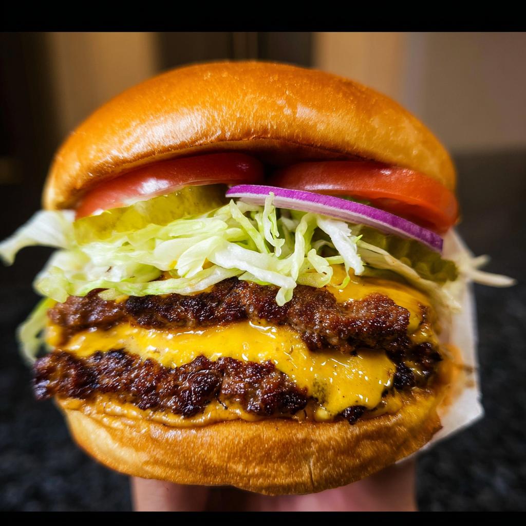 Close-up of a double cheeseburger featuring two perfectly seared, juicy smash burger patties melted with American cheese.