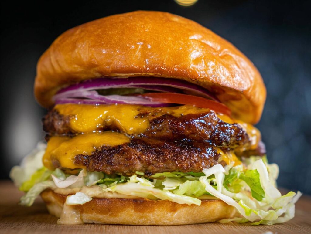 Close-up of a tall double cheeseburger featuring two perfectly seared, juicy smash burger patties, melted cheese, lettuce, tomato, and onion.
