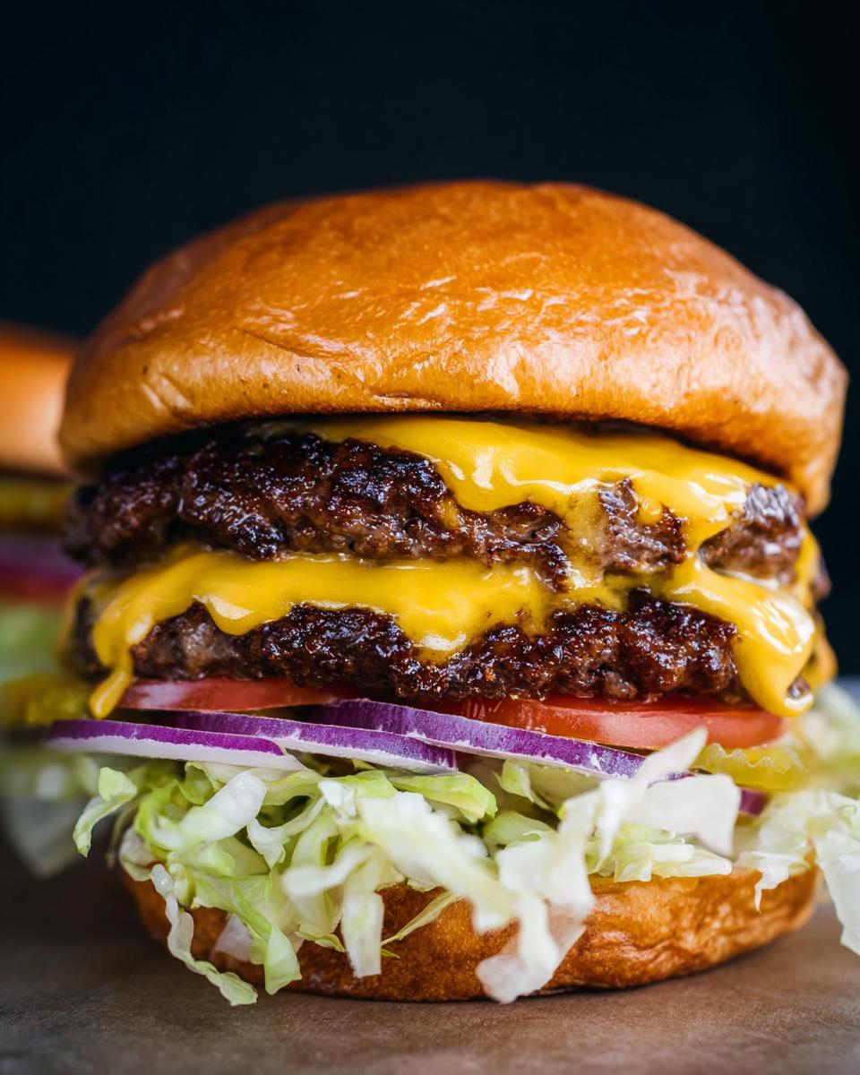 Close-up of a double cheeseburger featuring two Juicy Smash Burger Patties topped with melted cheese, lettuce, tomato, and onion.