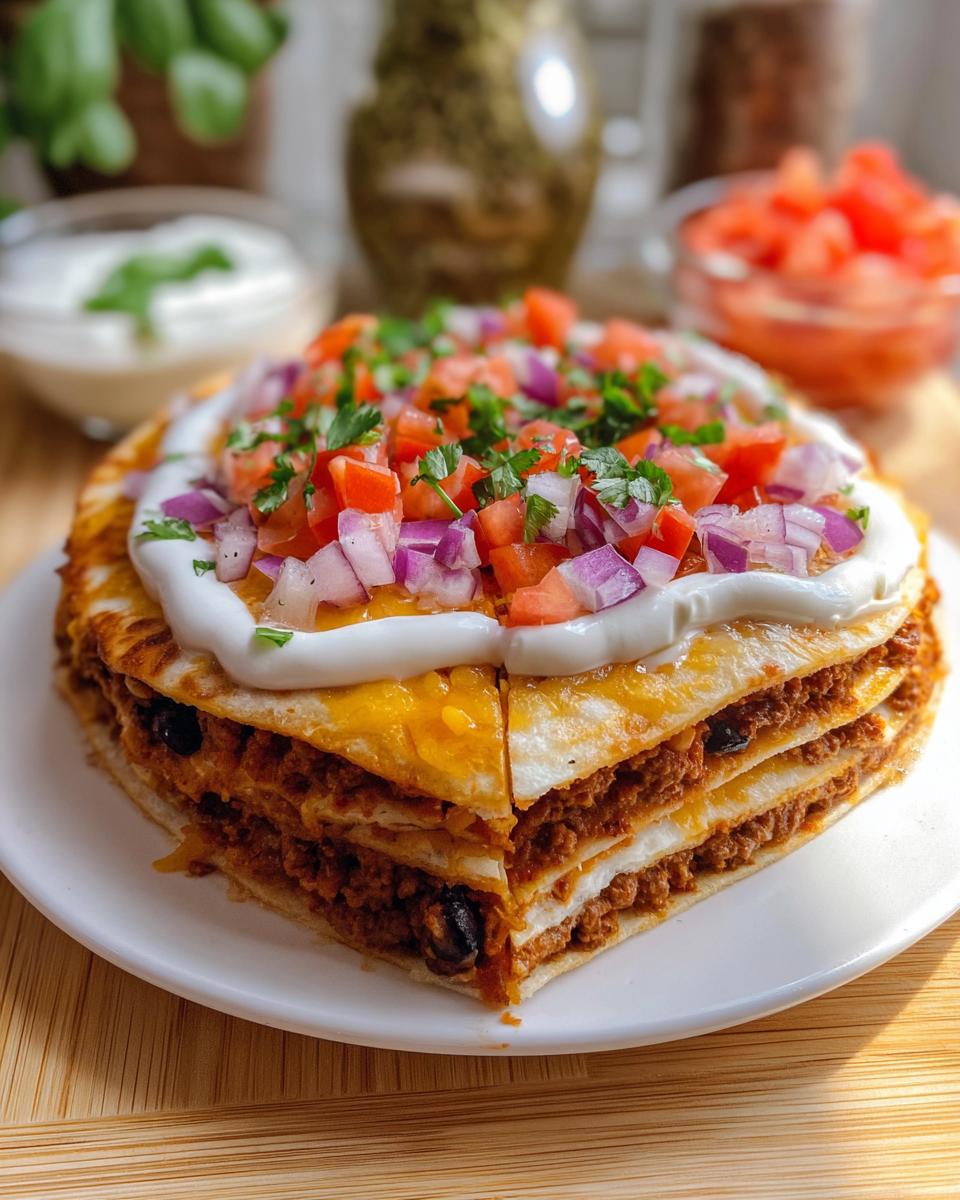 A towering, layered Mexican Pizza copycat recipe, sliced and topped with sour cream, diced tomatoes, and red onion.