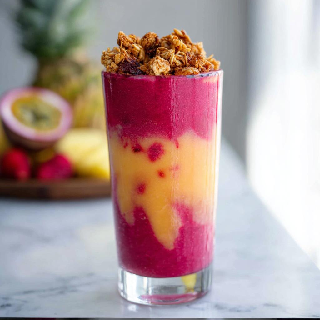 A vibrant, layered breakfast smoothie with pink and yellow sections, topped with crunchy granola.