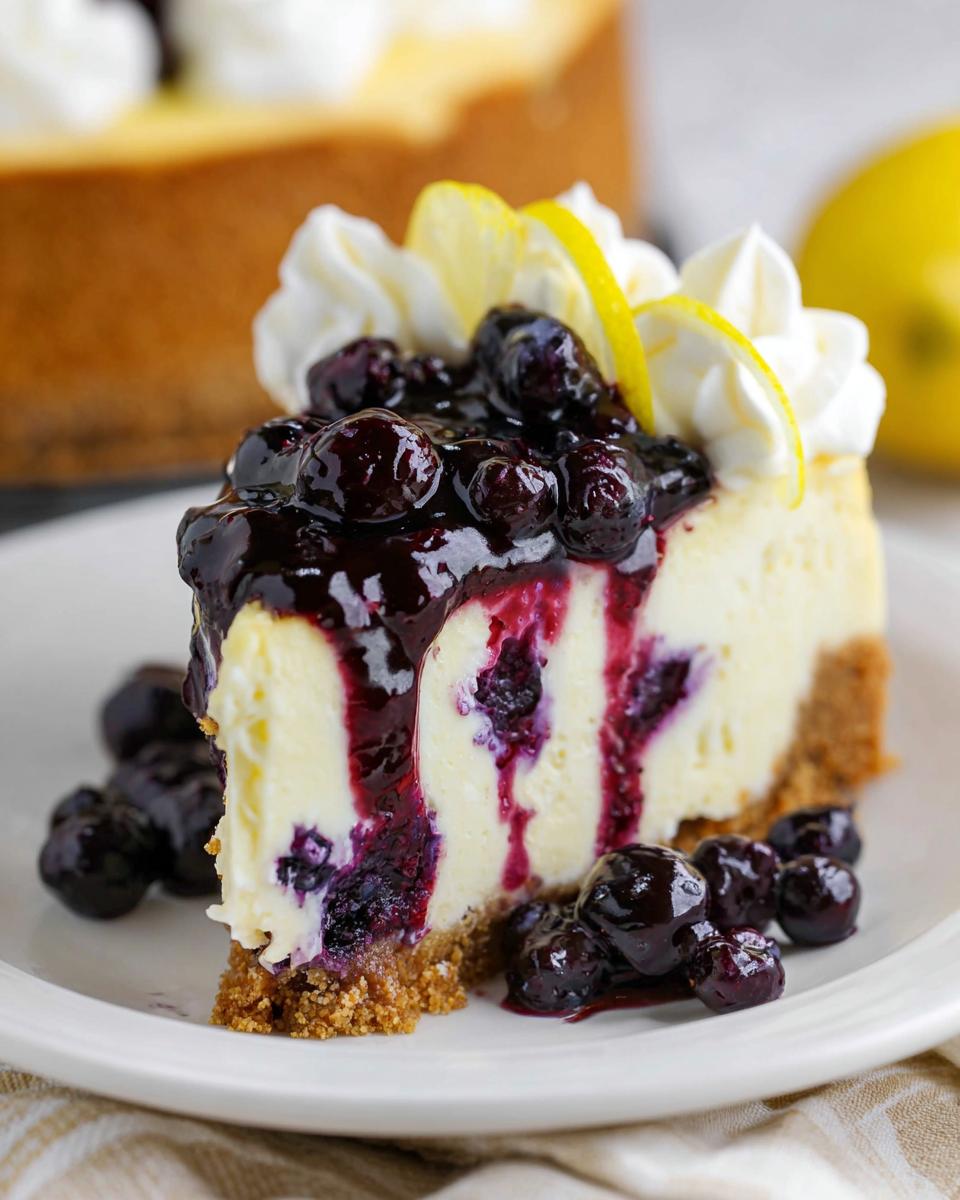 A decadent slice of Lemon Blueberry Cheesecake with Graham Crust topped with blueberry compote and whipped cream.