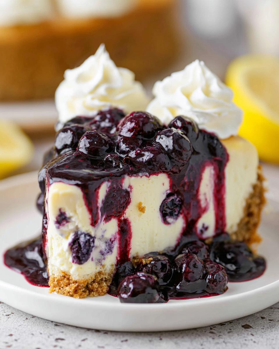 A decadent slice of Lemon Blueberry Cheesecake with Graham Crust topped with blueberry compote and whipped cream.