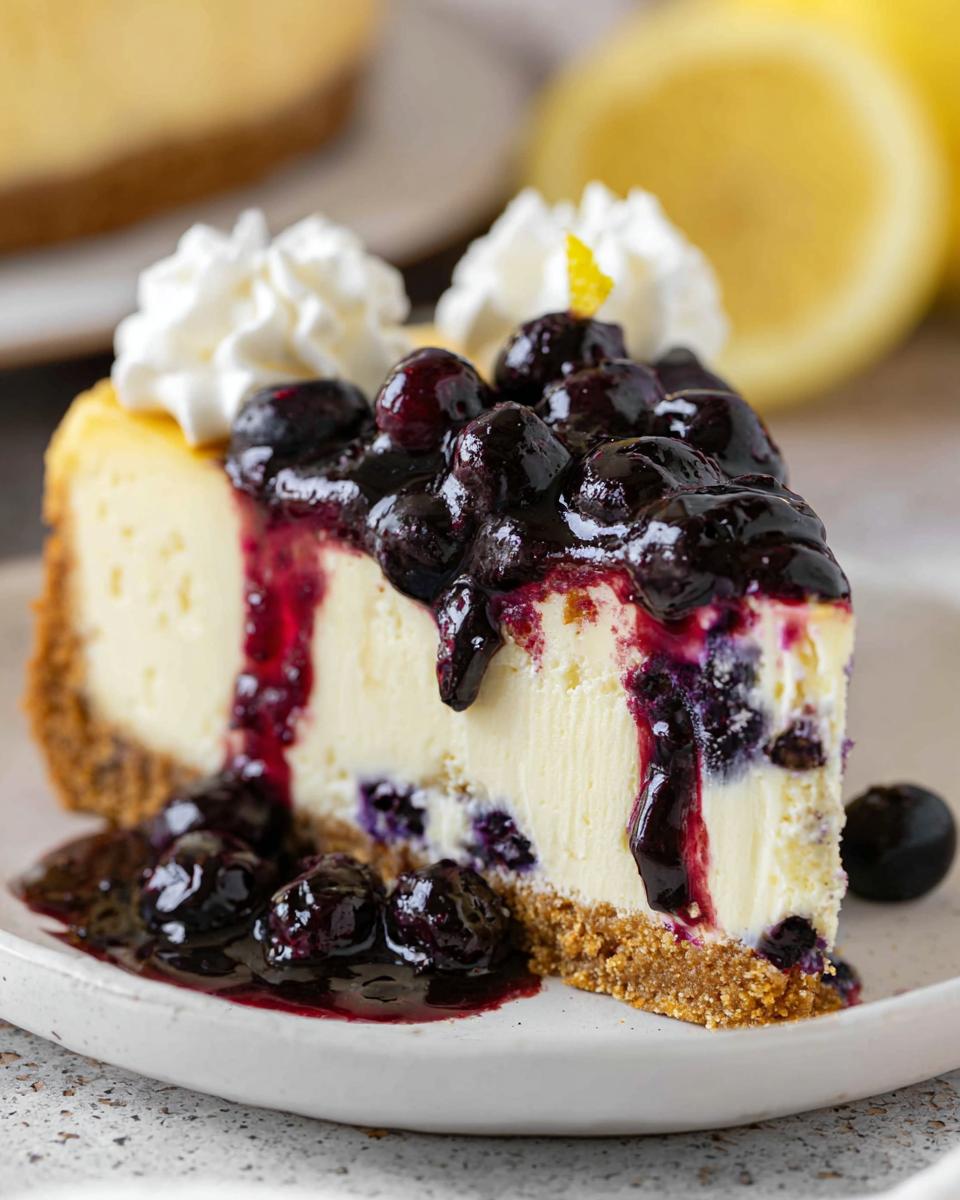 A decadent slice of Lemon Blueberry Cheesecake with Graham Crust topped with blueberry compote and whipped cream.