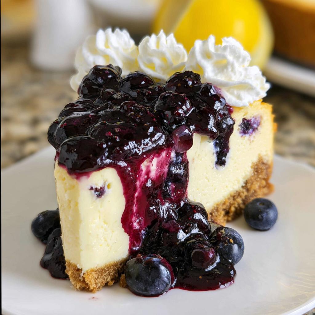 A decadent slice of Lemon Blueberry Cheesecake with Graham Crust topped with rich blueberry sauce and whipped cream.