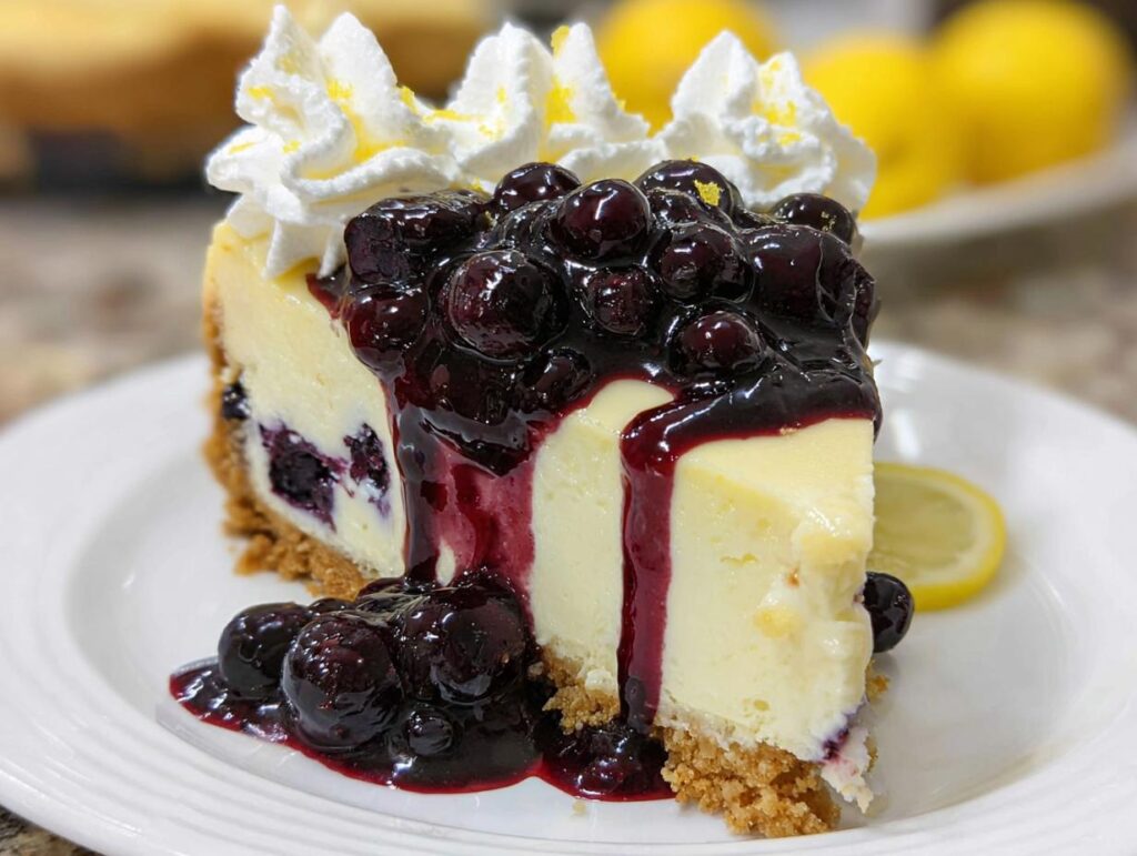 A decadent slice of Lemon Blueberry Cheesecake with Graham Crust topped with blueberry compote and whipped cream.