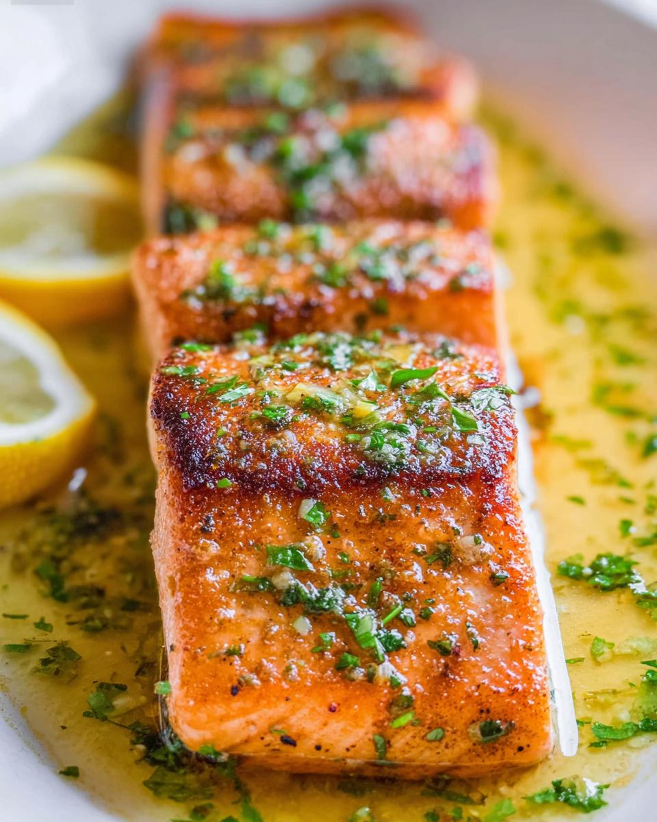 Close-up of perfectly cooked Lemon Butter Pan Seared Salmon fillets drizzled with lemon butter sauce and fresh parsley.