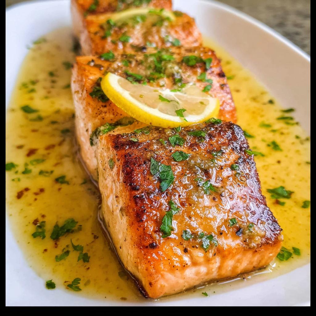 Close-up of three perfectly cooked Lemon Butter Pan Seared Salmon fillets drizzled with sauce and garnished with parsley and lemon.