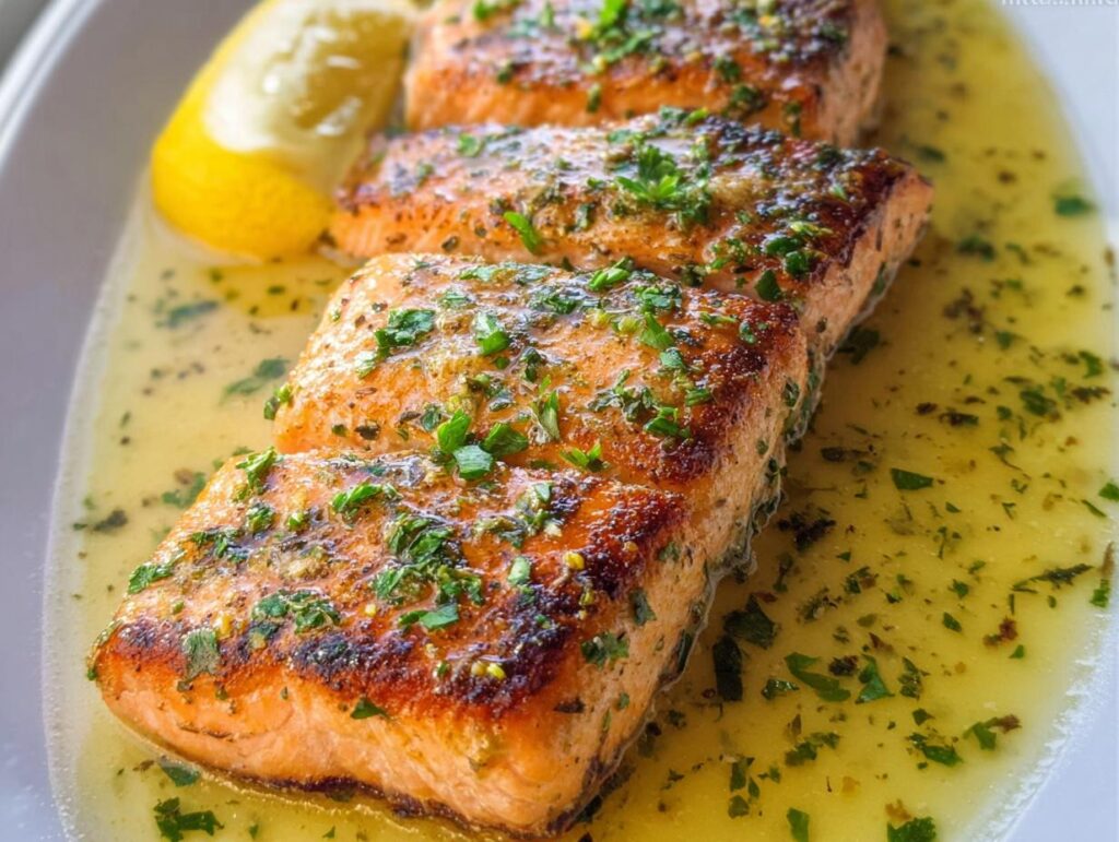 Three perfectly cooked fillets of Lemon Butter Pan Seared Salmon resting in a pool of lemon butter sauce, garnished with parsley.