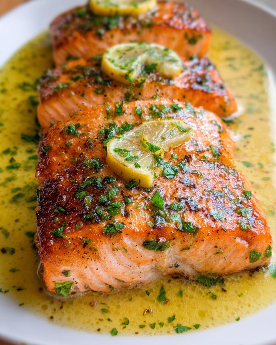 Close-up of three pan seared salmon fillets covered in lemon butter sauce and fresh parsley.