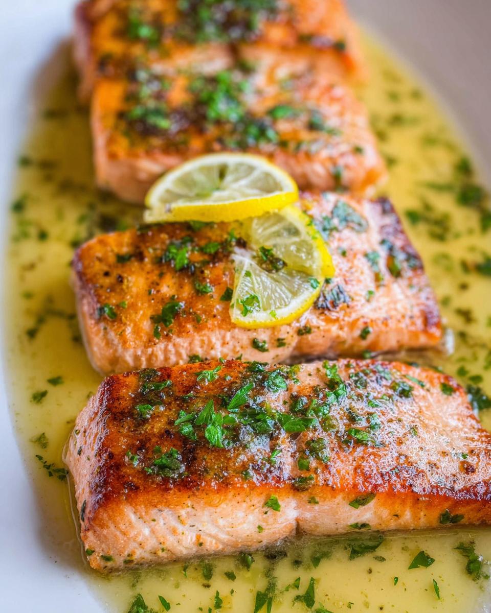 Three perfectly cooked Lemon Butter Pan Seared Salmon fillets resting in a pool of lemon butter sauce, garnished with parsley and lemon slices.