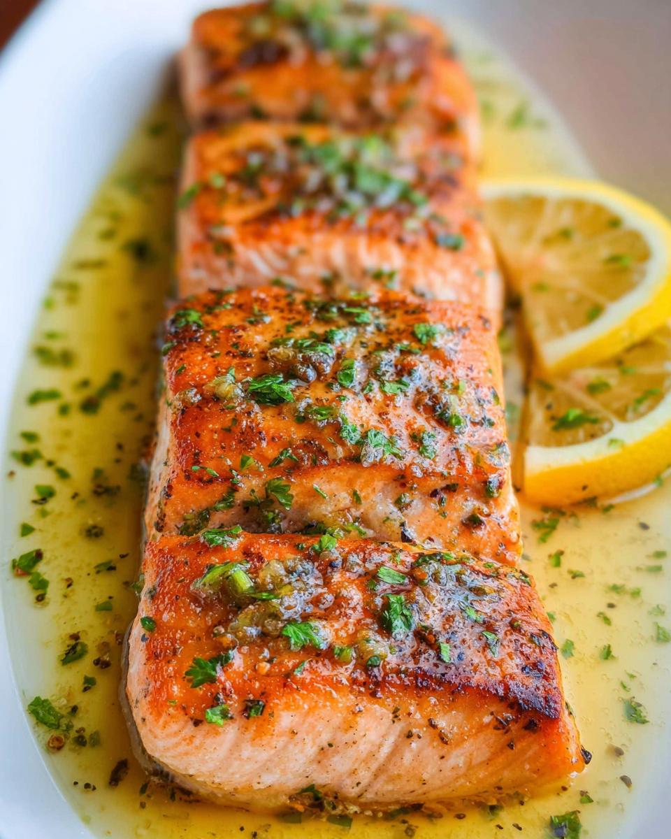 Close-up of perfectly cooked Lemon Butter Pan Seared Salmon fillets topped with herbs and resting in lemon butter sauce.