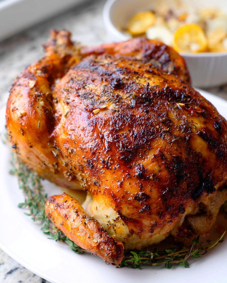 A beautifully browned, juicy Lemon Herb Whole Roasted Chicken garnished with fresh thyme sprigs.