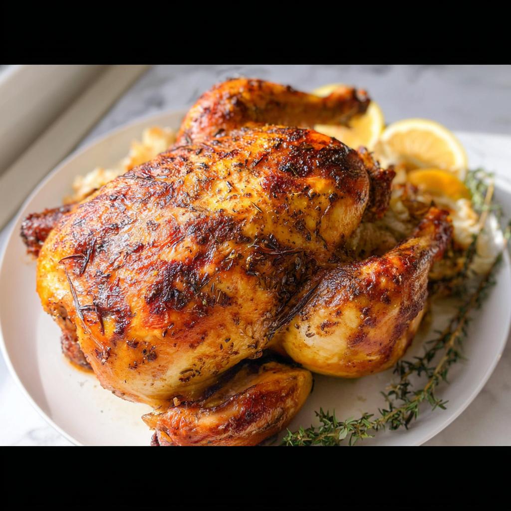 A beautifully browned Lemon Herb Whole Roasted Chicken garnished with fresh thyme and lemon slices on a white platter.
