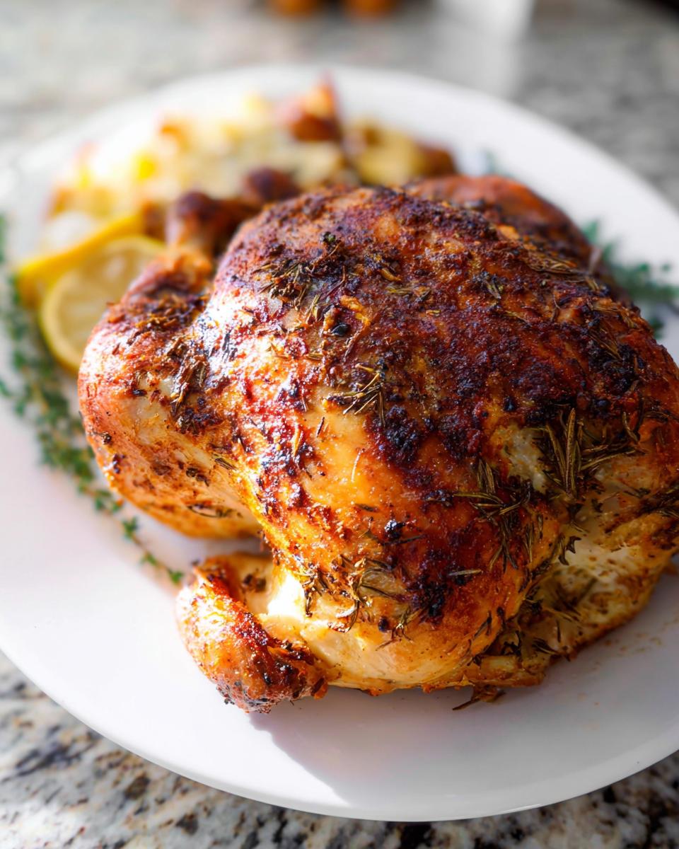 A perfectly roasted Lemon Herb Whole Roasted Chicken with dark, crispy, herb-crusted skin, served on a white platter.