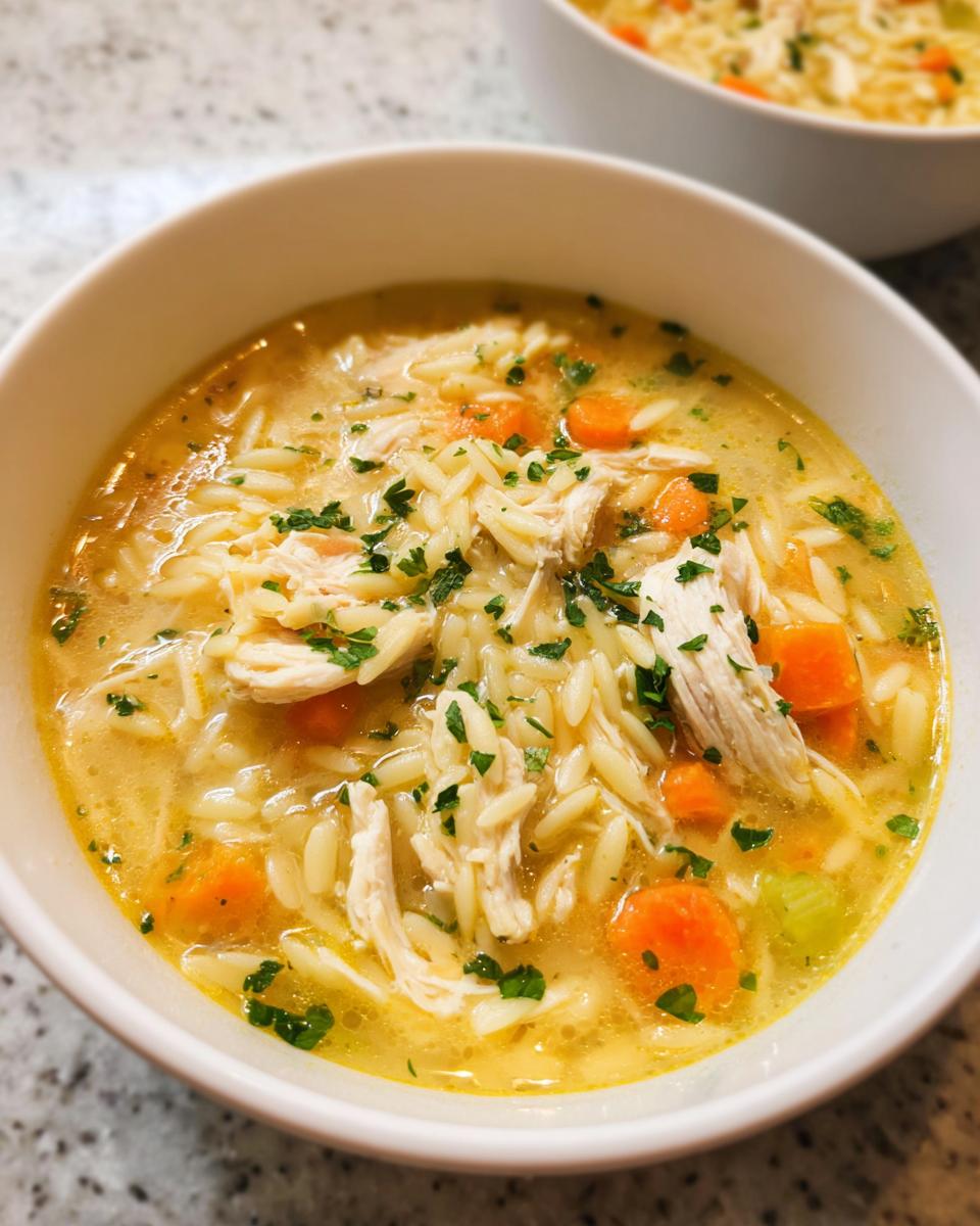 Close-up of a white bowl filled with Lemon Orzo Chicken Soup, featuring shredded chicken, orzo pasta, carrots, and parsley.