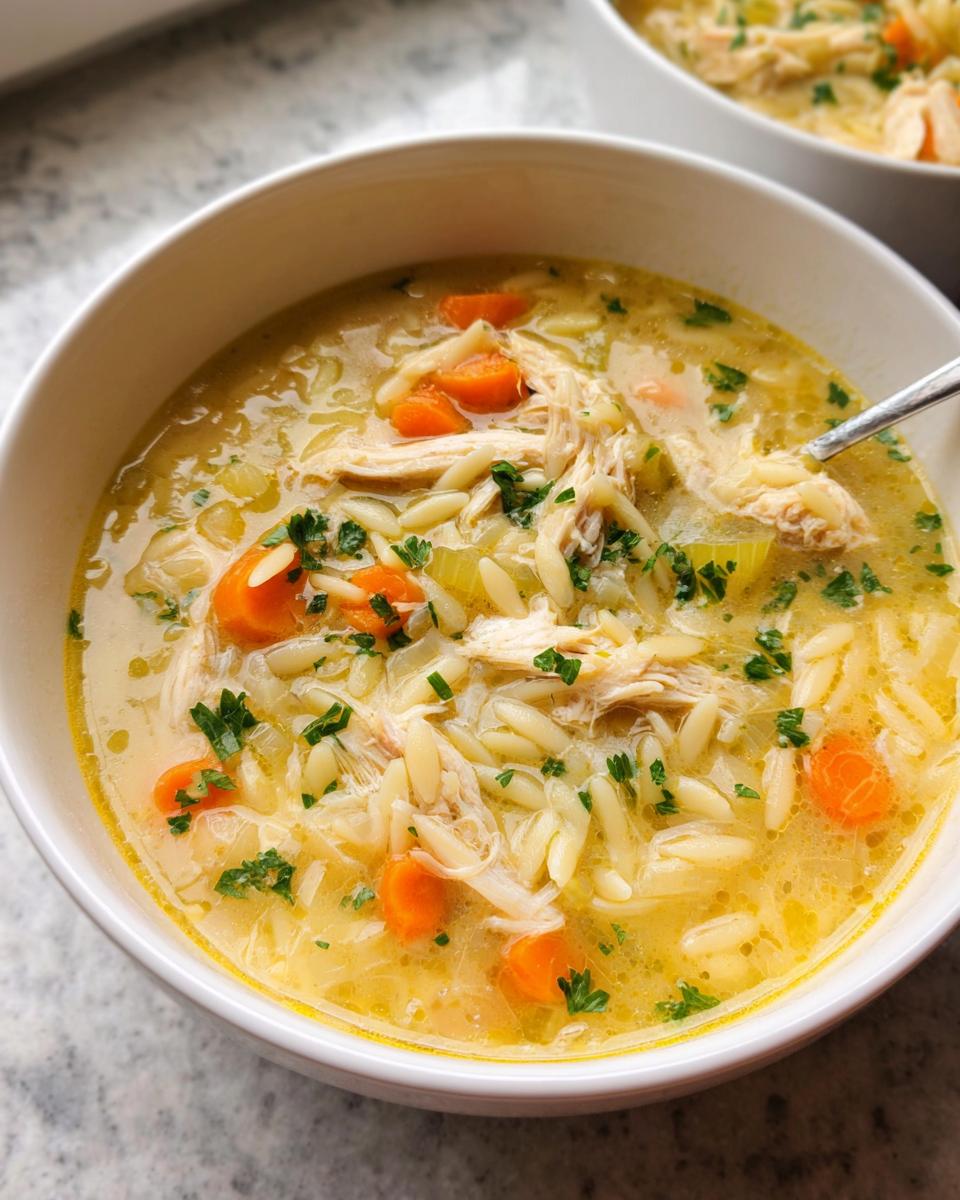 A close-up view of a white bowl filled with creamy Lemon Orzo Chicken Soup, featuring shredded chicken, carrots, and fresh parsley.