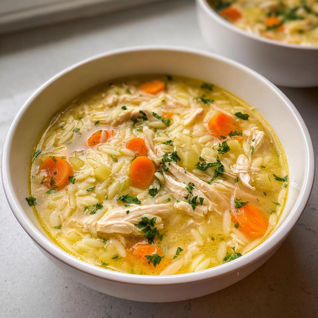Close-up of a bowl of Lemon Orzo Chicken Soup, featuring shredded chicken, bright orange carrots, and fresh parsley garnish.