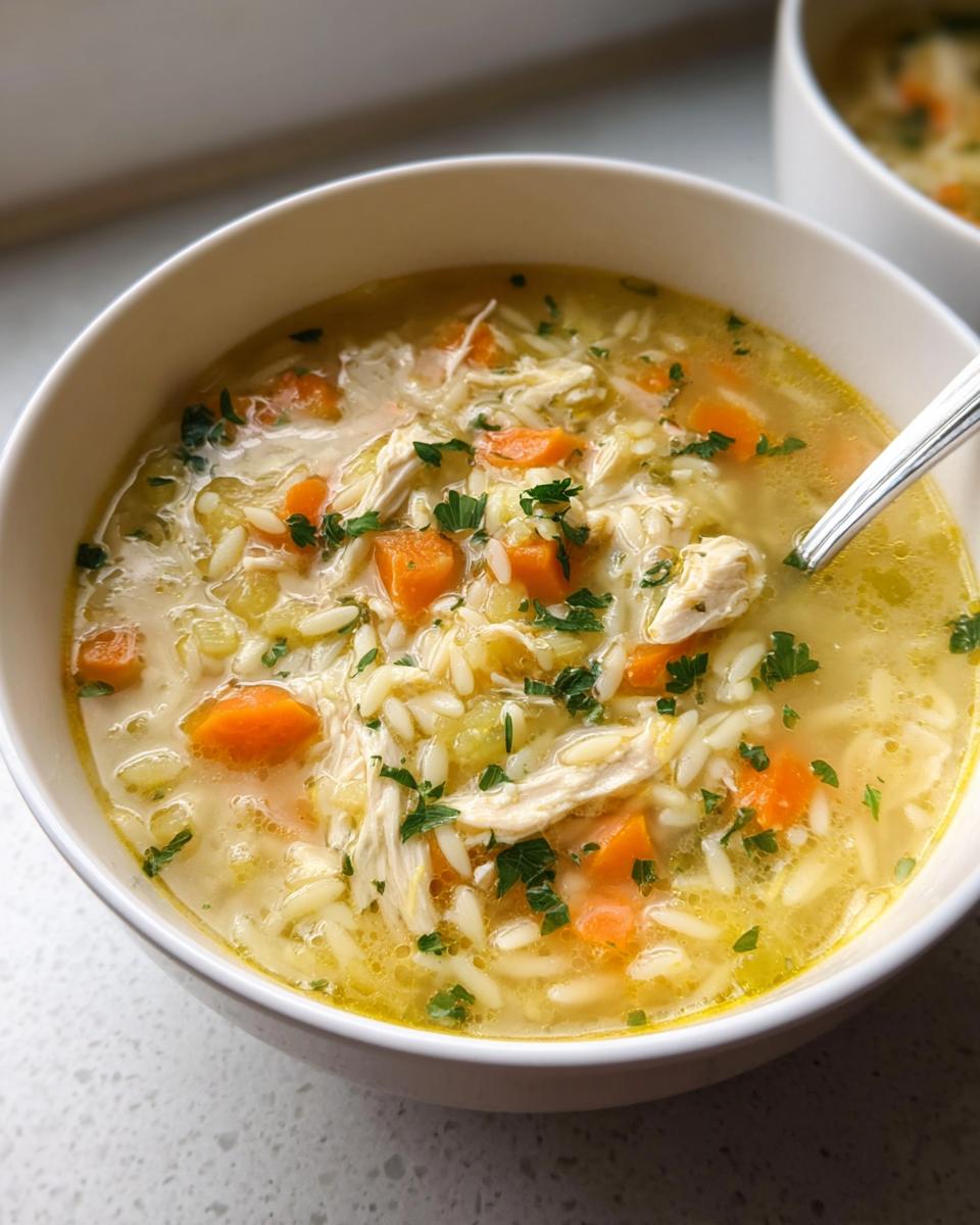 Close-up of a white bowl filled with Lemon Orzo Chicken Soup, featuring shredded chicken, bright orange carrots, and fresh parsley.