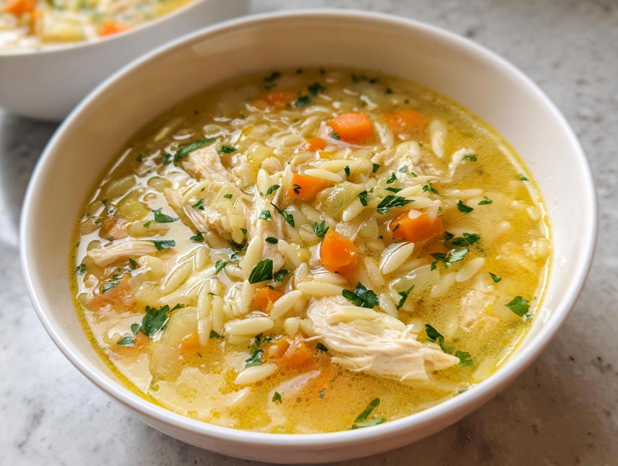 A close-up view of a bowl of vibrant Lemon Orzo Chicken Soup, featuring shredded chicken, carrots, orzo pasta, and parsley garnish.