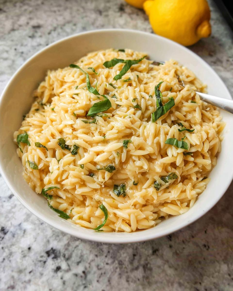 A close-up of a white bowl filled with creamy Lemon Parmesan Orzo, topped with fresh green herbs.