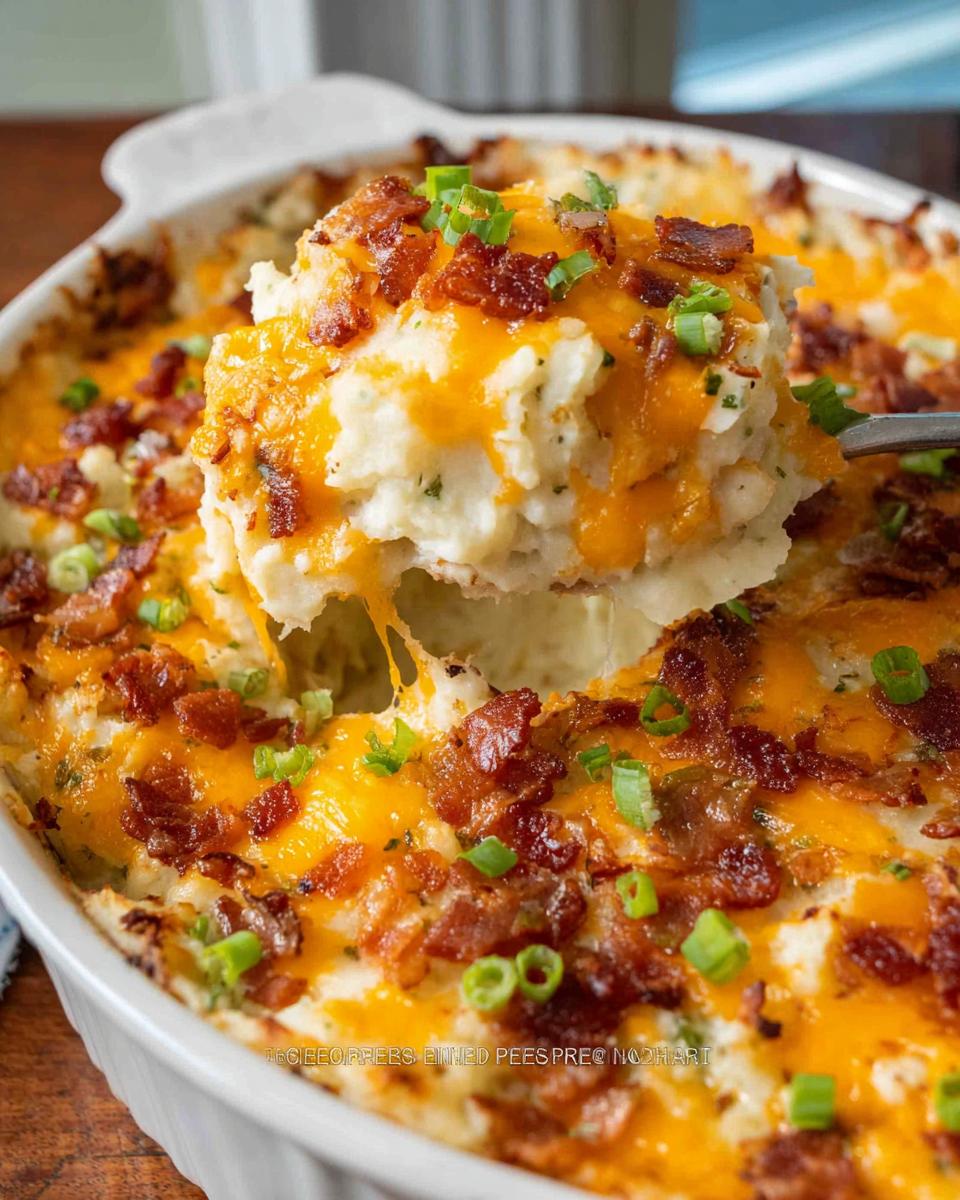 A spoonful of creamy Loaded Baked Potato Casserole topped with melted cheddar cheese and bacon.