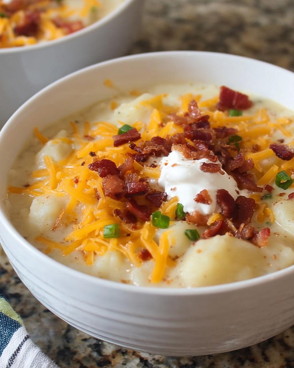 A close-up of a bowl of rich Loaded Baked Potato Soup with Bacon and Cheese, topped with shredded cheddar, bacon bits, and sour cream.