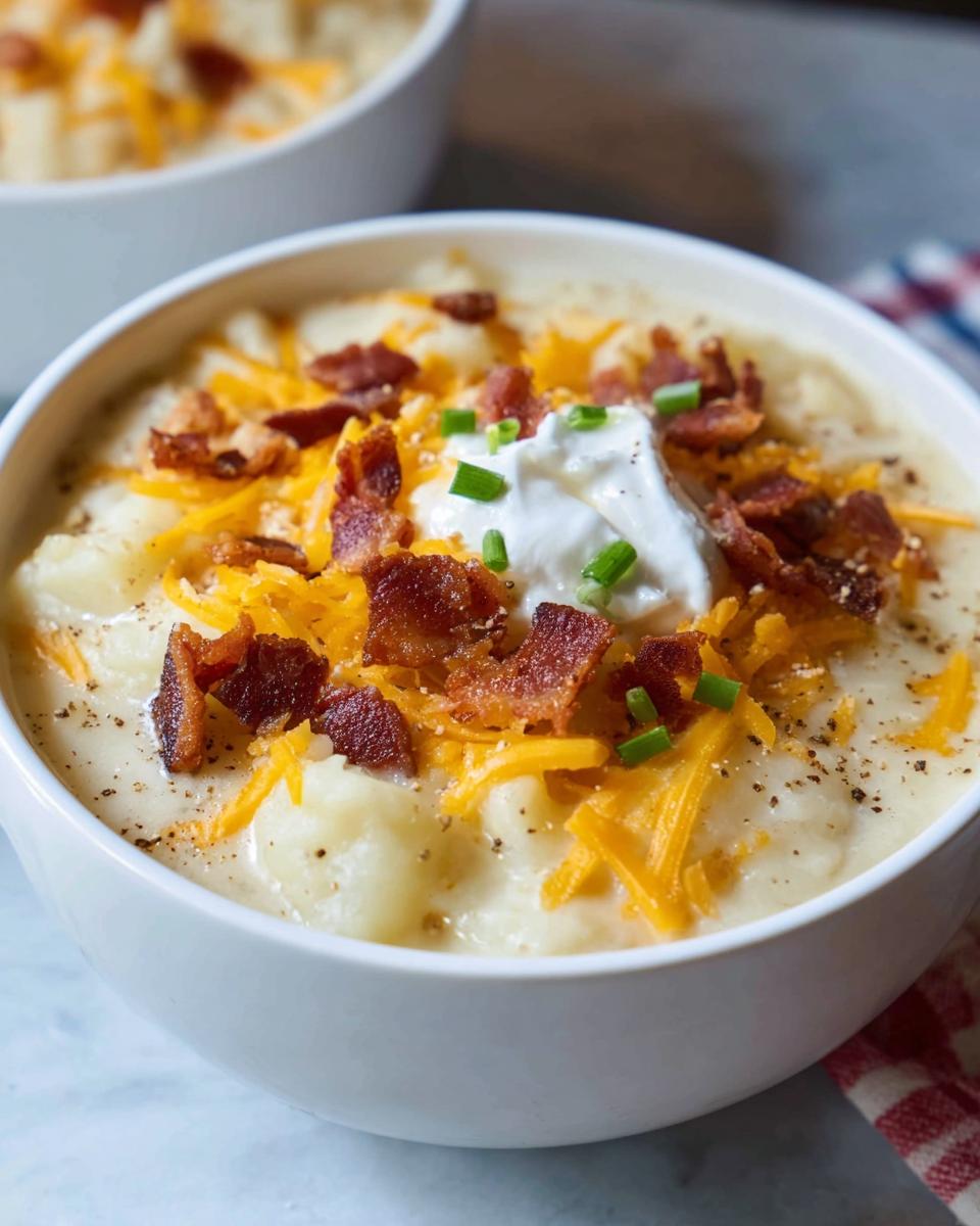 Close-up of a bowl of rich Loaded Baked Potato Soup with Bacon and Cheese, topped with sour cream and chives.