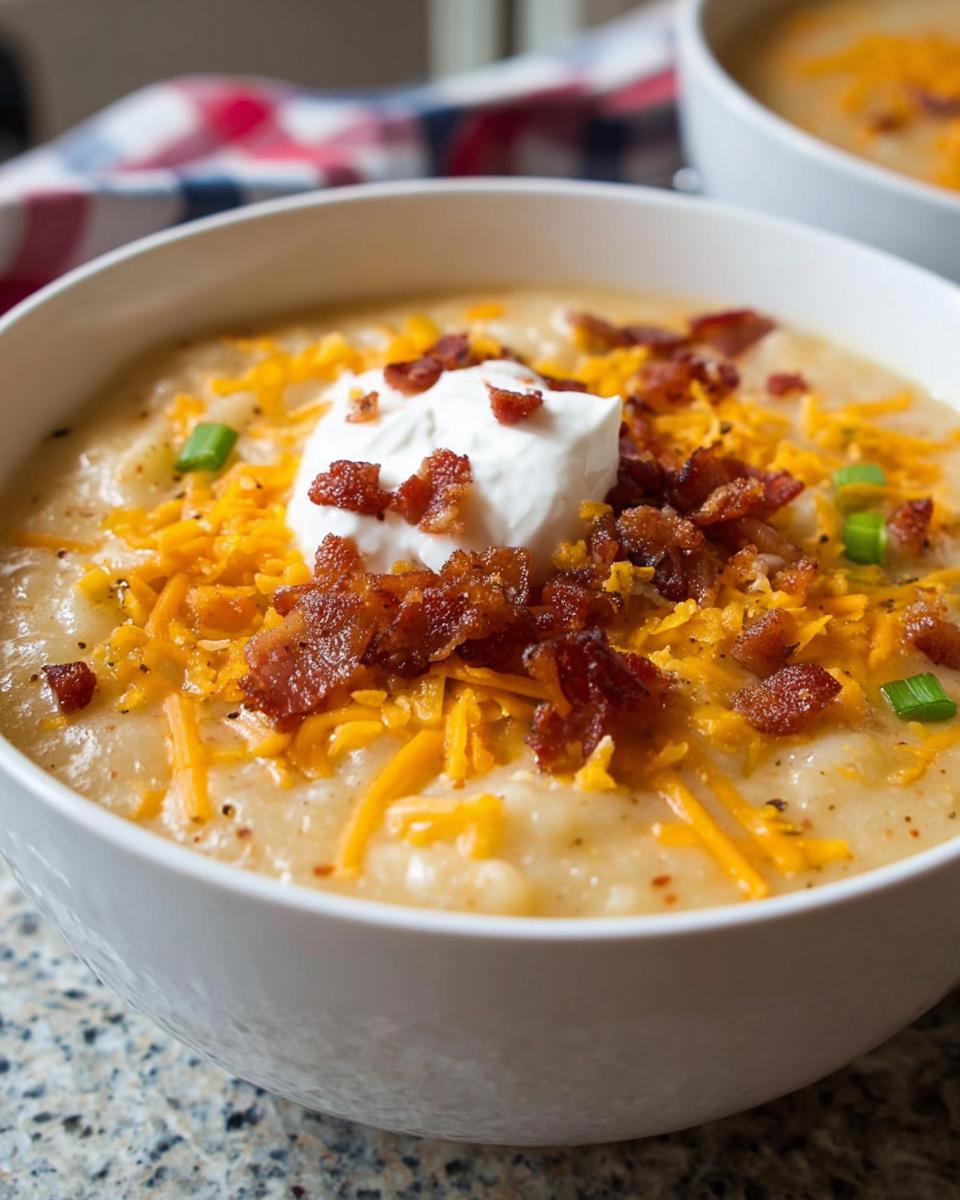 Close-up of a bowl of rich Loaded Baked Potato Soup with Bacon and Cheese, topped with sour cream.