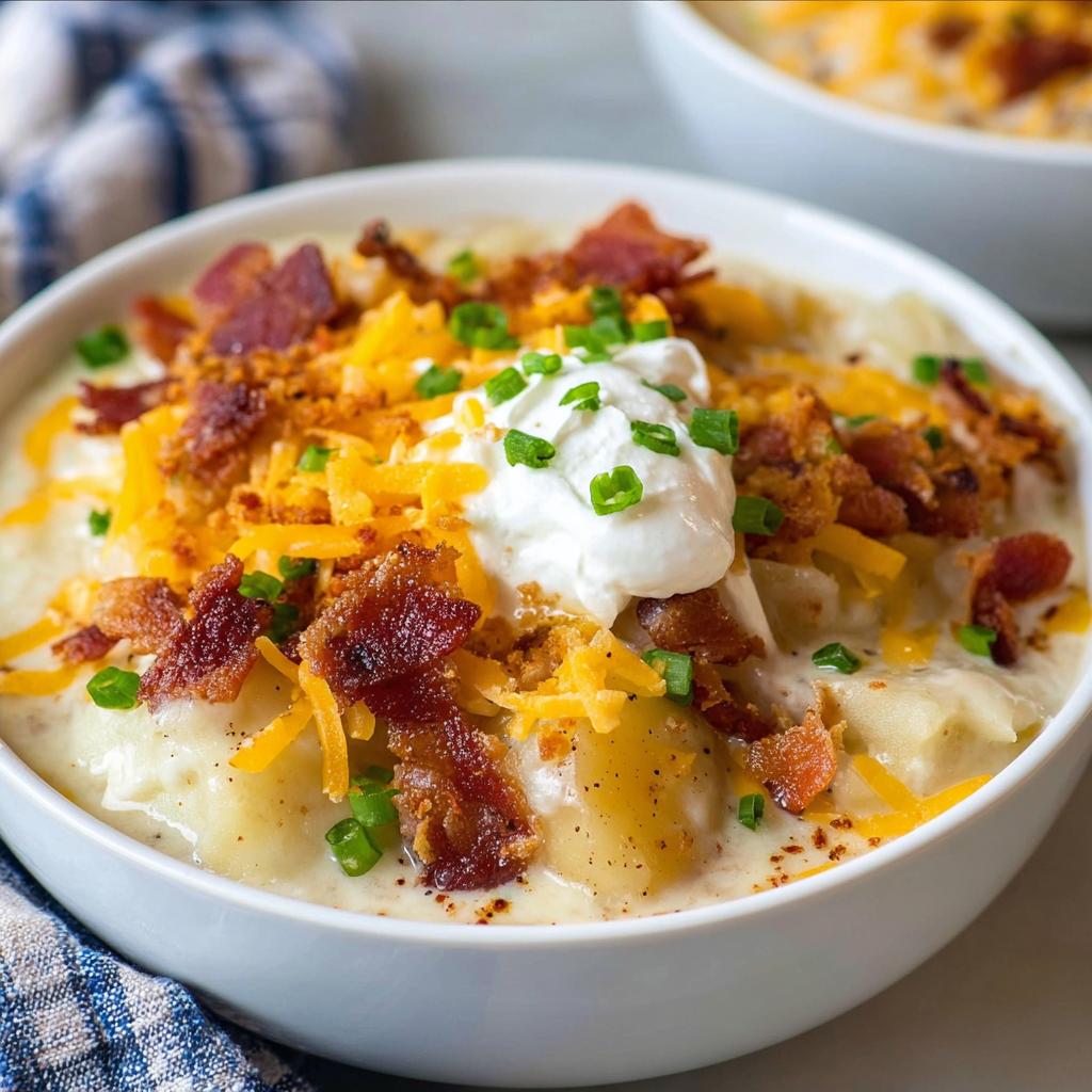 A hearty bowl of Loaded Baked Potato Soup with Bacon and Cheese, topped with sour cream, shredded cheddar, and chives.