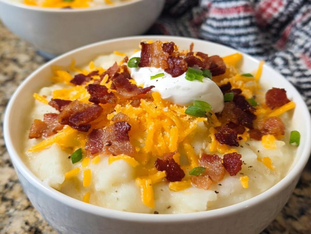 A close-up of creamy Loaded Baked Potato Soup with Bacon and Cheese, topped with shredded cheddar, bacon bits, sour cream, and chives.