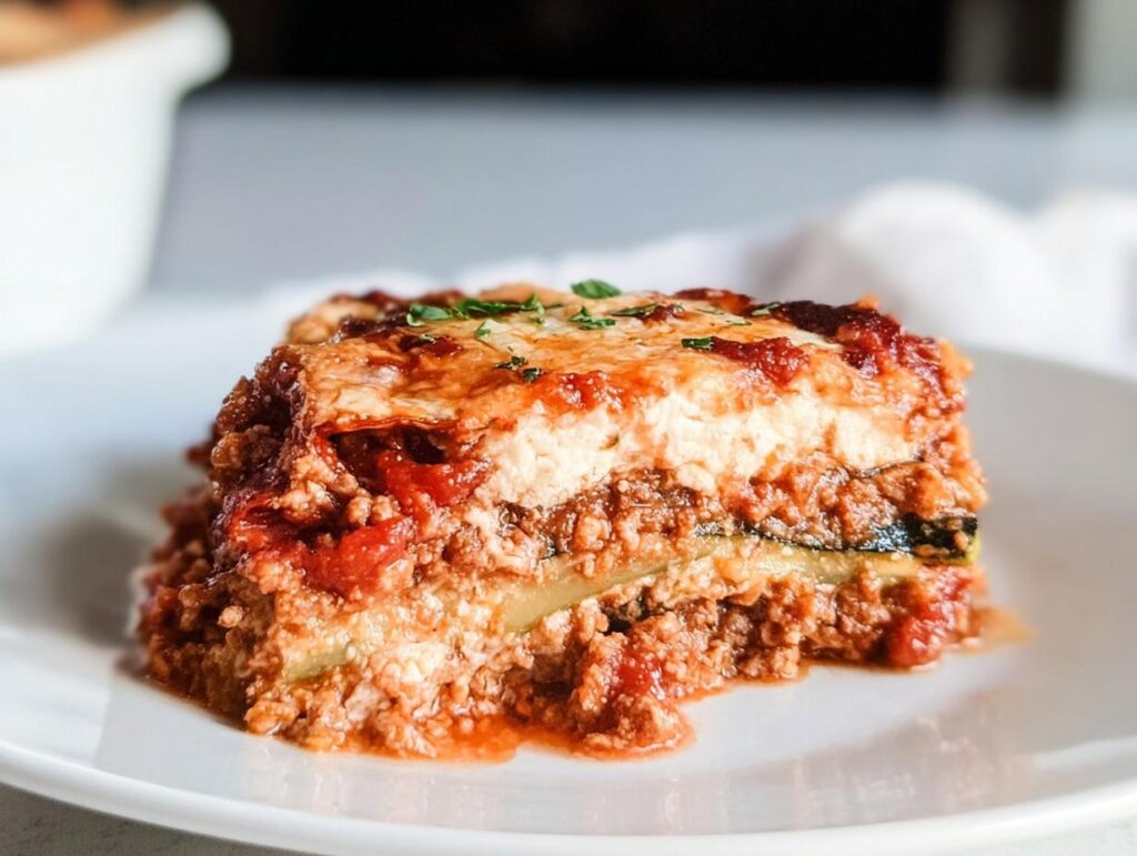A rich, layered slice of Low Carb Zucchini Noodle Lasagna featuring meat sauce, ricotta, and zucchini layers.