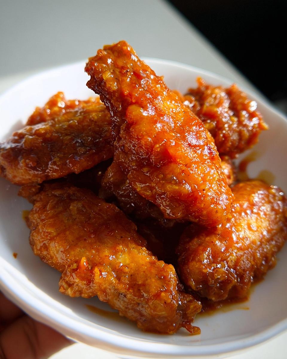 A close-up shot of several glossy, saucy Mango Habanero Hot Wings piled in a white bowl.