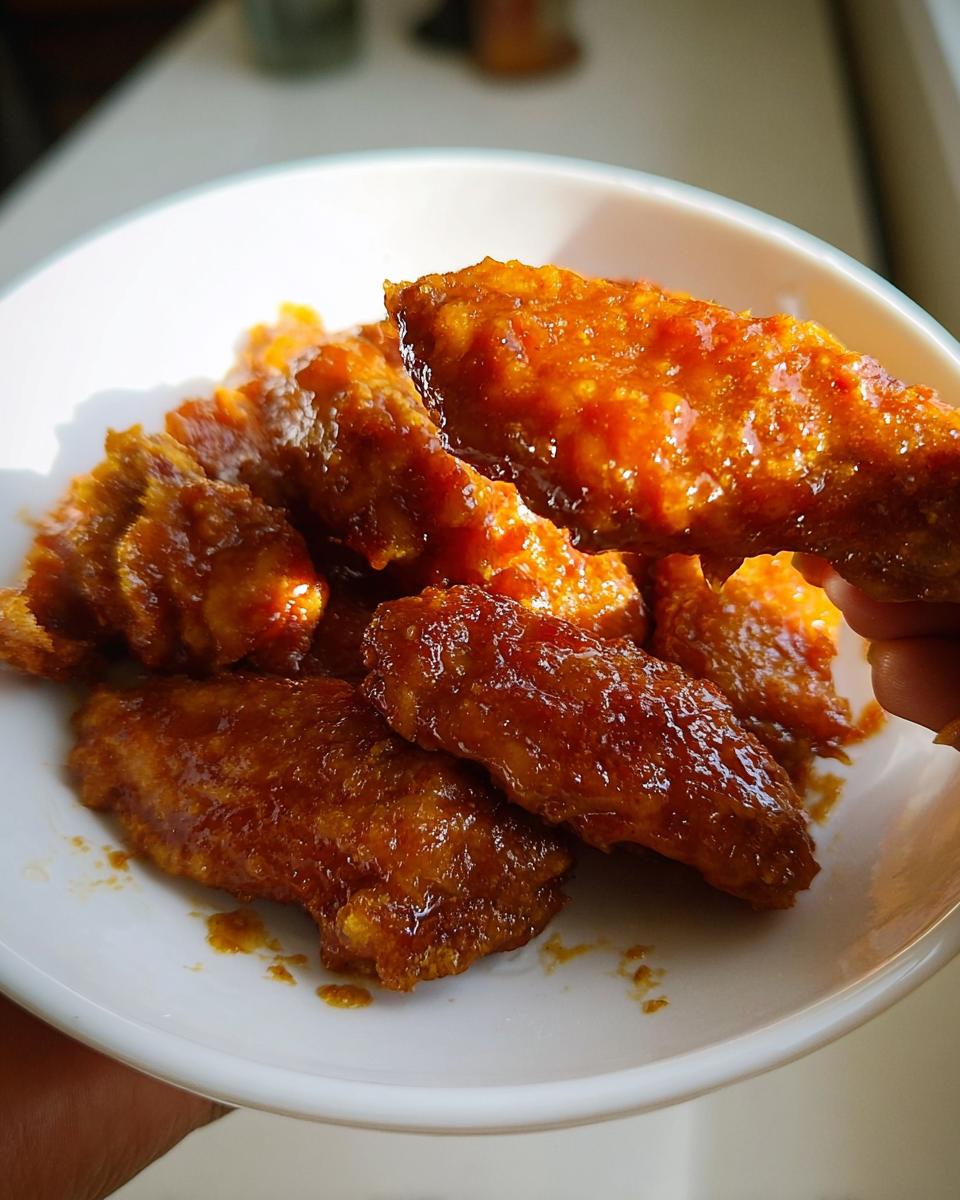 A hand holding up a sticky, glazed Mango Habanero Hot Wings piece over a white bowl of more wings.